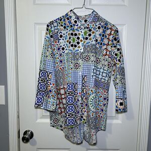 Foxcroft Shirt Women's Medium Multicolor Mosaic 3/4 Sleeve Button Tunic Top NWOT